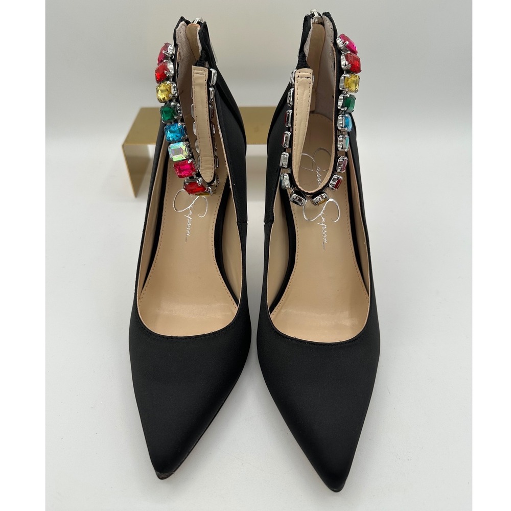JESSICA SIMPSON Samiyah Jewel Ankle Strap Point Toe Pumps Black Matte Satin 6.5 - Picture 5 of 16